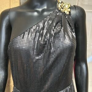 Matthew Williamson Black Sequin One-Shoulder Dress with Gold Accents